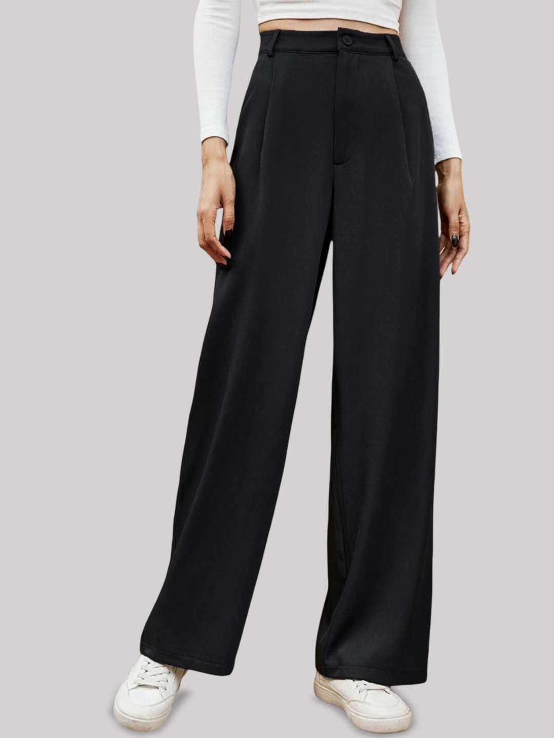

FNOCKS Women Classic Loose Fit High-Rise Pleated Cotton Parallel Trouser, Black