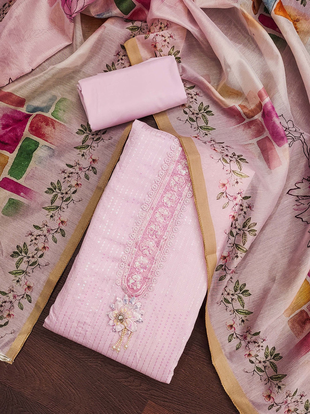 

SAINOOR Embroidered Pure Silk Semi-Stitched Dress Material, Pink