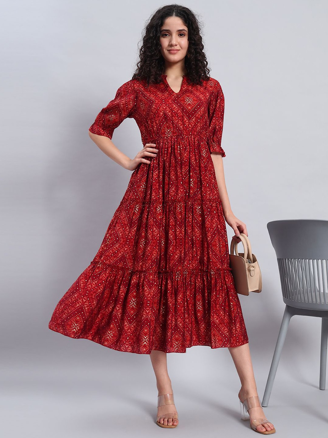 

PIDAVLIYA'S Floral Print A-Line Midi Dress, Maroon