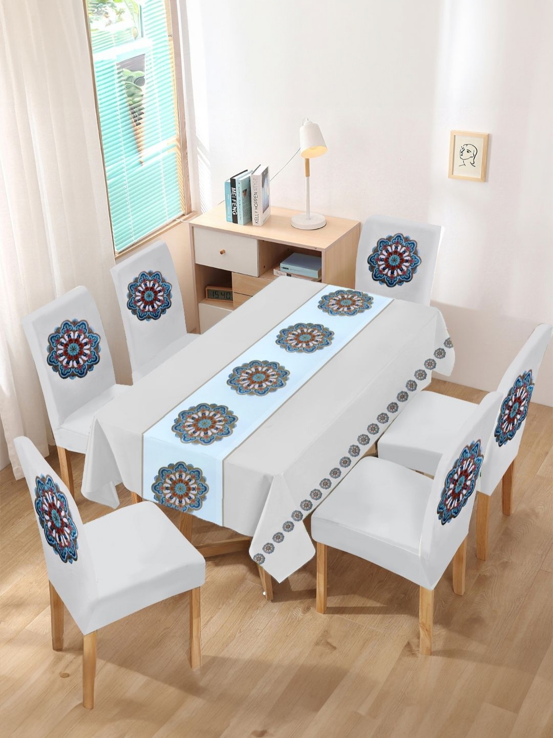 

Myntra Elegant Homes Set Of 7 Floral Table Cover & Dining Chair Cover Set, Off white