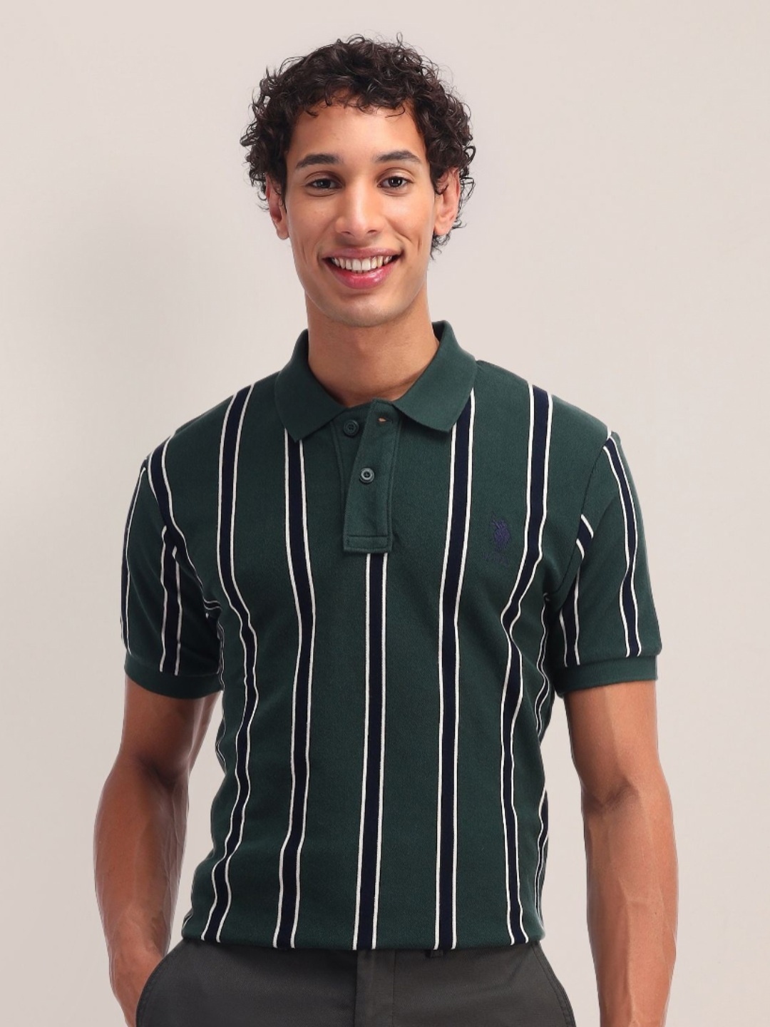 

U.S. Polo Assn. Men Striped Polo Collar Cotton Slim Fit T-shirt, Green