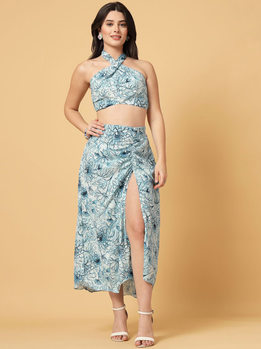 

CUKOO Floral Printed Halter Neck Crop Top With Ruffled Skirt Co-Ords, Blue