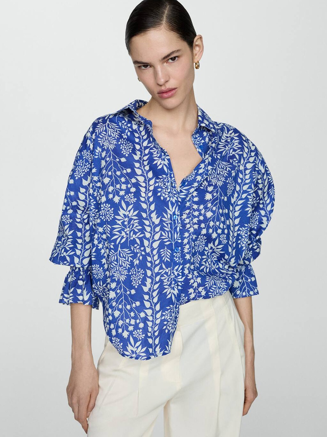 

MANGO Women Floral Printed Pure Cotton Casual Shirt, Blue