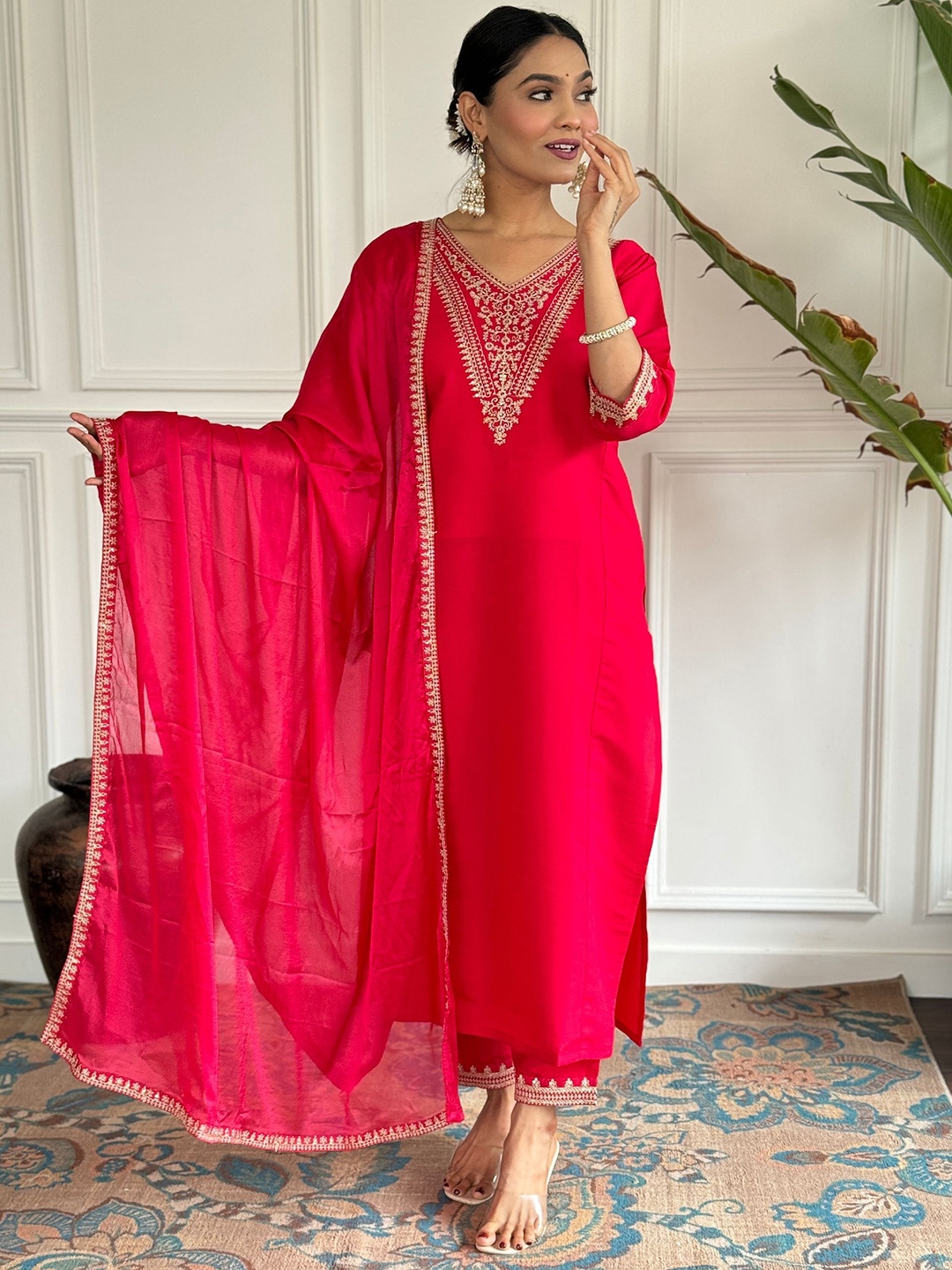 

NIZA FASHION Women Ethnic Motifs Embroidered Regular Chanderi Silk Kurta with Trousers & With Dupatta, Red