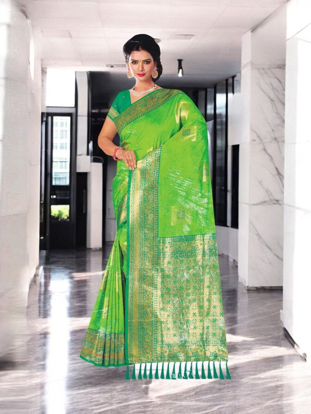 

SHOPPKEE Ethnic Motifs Silk Blend Designer Paithani Saree, Lime green