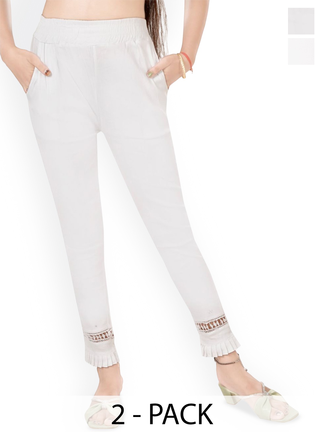 

Fessist Pack of 2 Women Relaxed Slim Fit Easy Wash Pleated Trousers, White