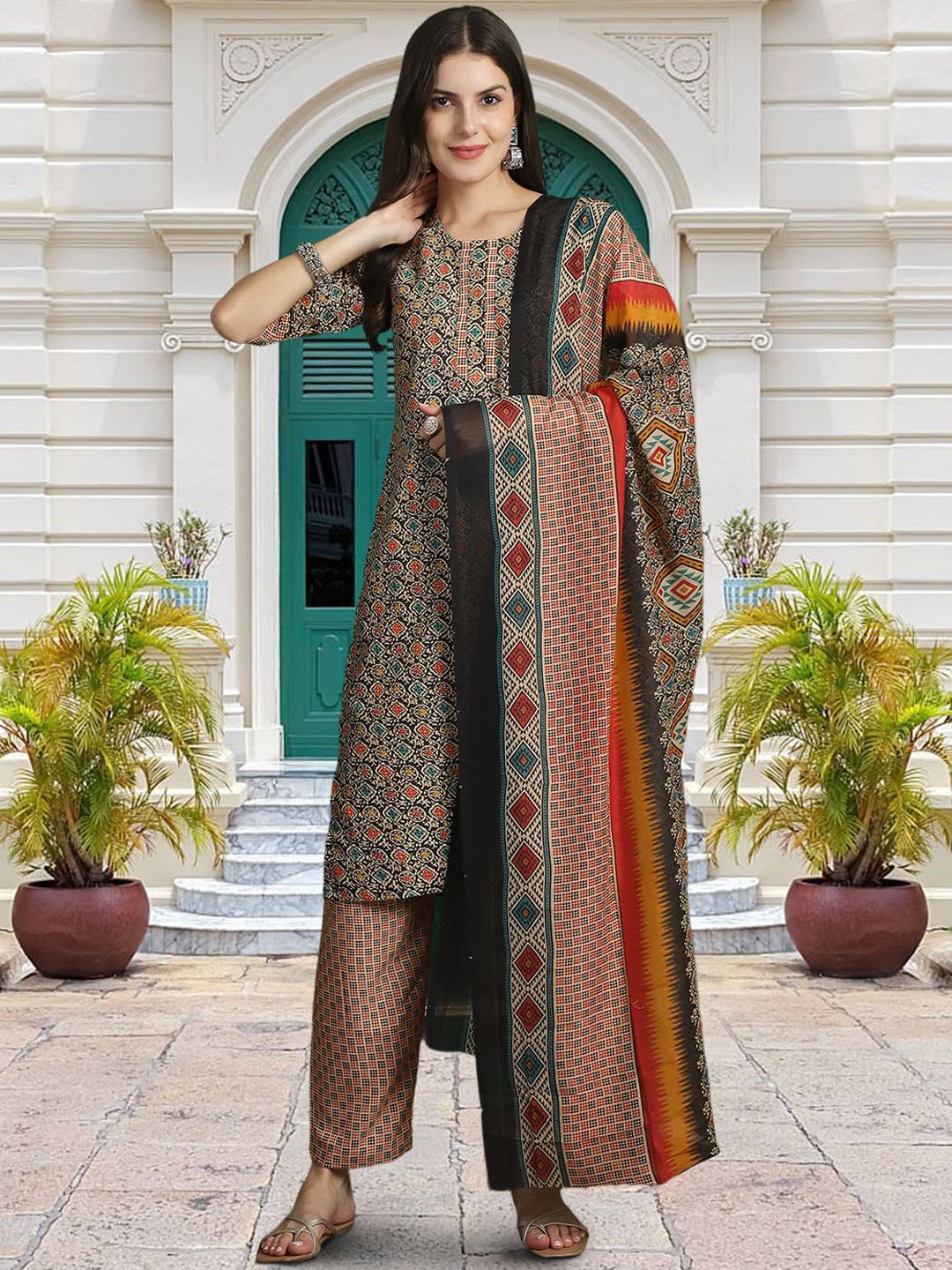 

Moda Rapido Ethnic Motifs Printed Kurta with Trousers & Dupatta, Off white