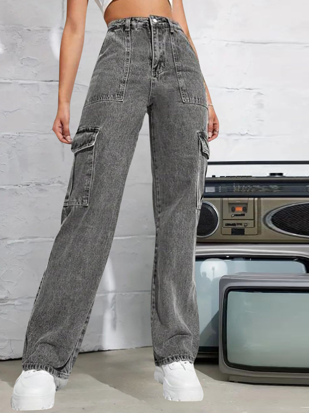 

DressBerry Women Comfort Straight Fit High-Rise Light Fade Acid Wash Stretchable Jeans, Grey