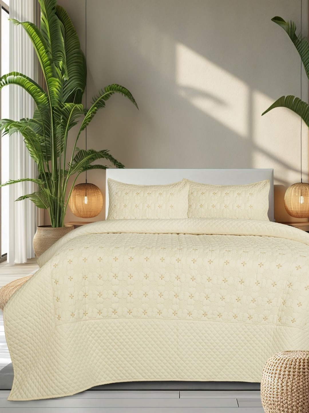 

Aura Beige Floral Textured Cotton King Size Bed Covers Set 2.74 m x 2.74 m