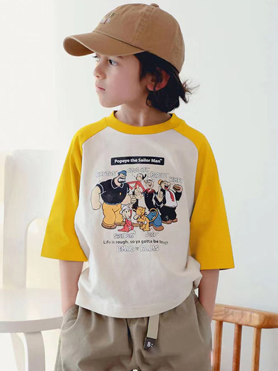 

LULU & SKY Girls Popeye Graphic Printed Round Neck Cotton T-shirt, Yellow