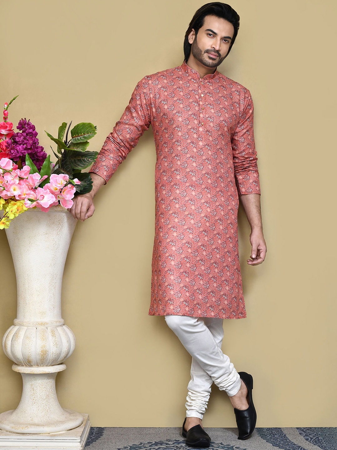 

RANAK Floral Printed Mandarin Collar Straight Kurta, Peach