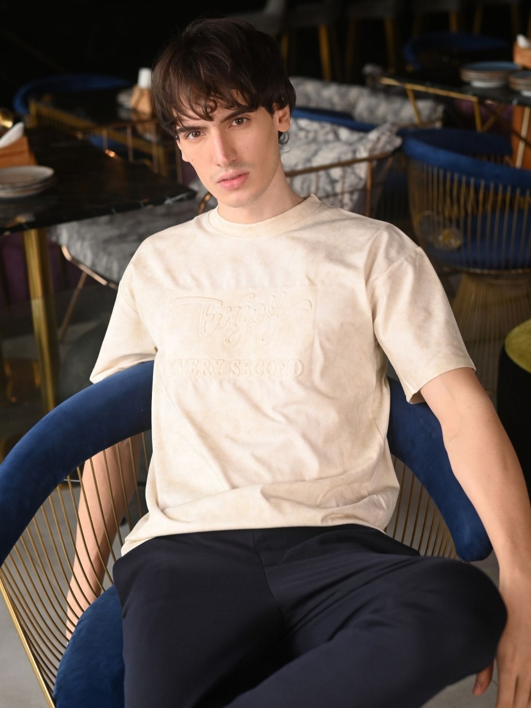 

ODETTE Men Henley Neck Pockets T-shirt, Cream