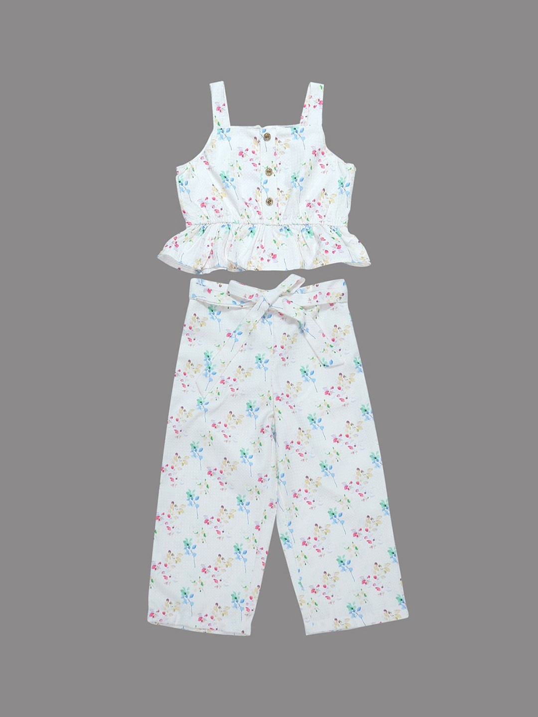 

Doodle Girls Floral Printed Shoulder Straps Top With Trouser, Off white