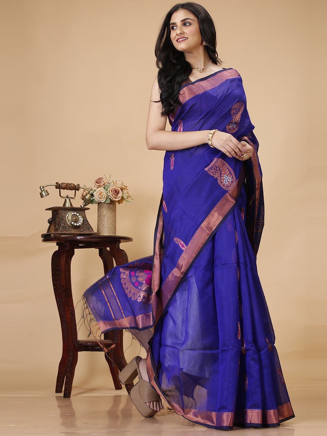 

SLAGHA Ethnic Motifs Zari Silk Cotton Taant Saree, Blue