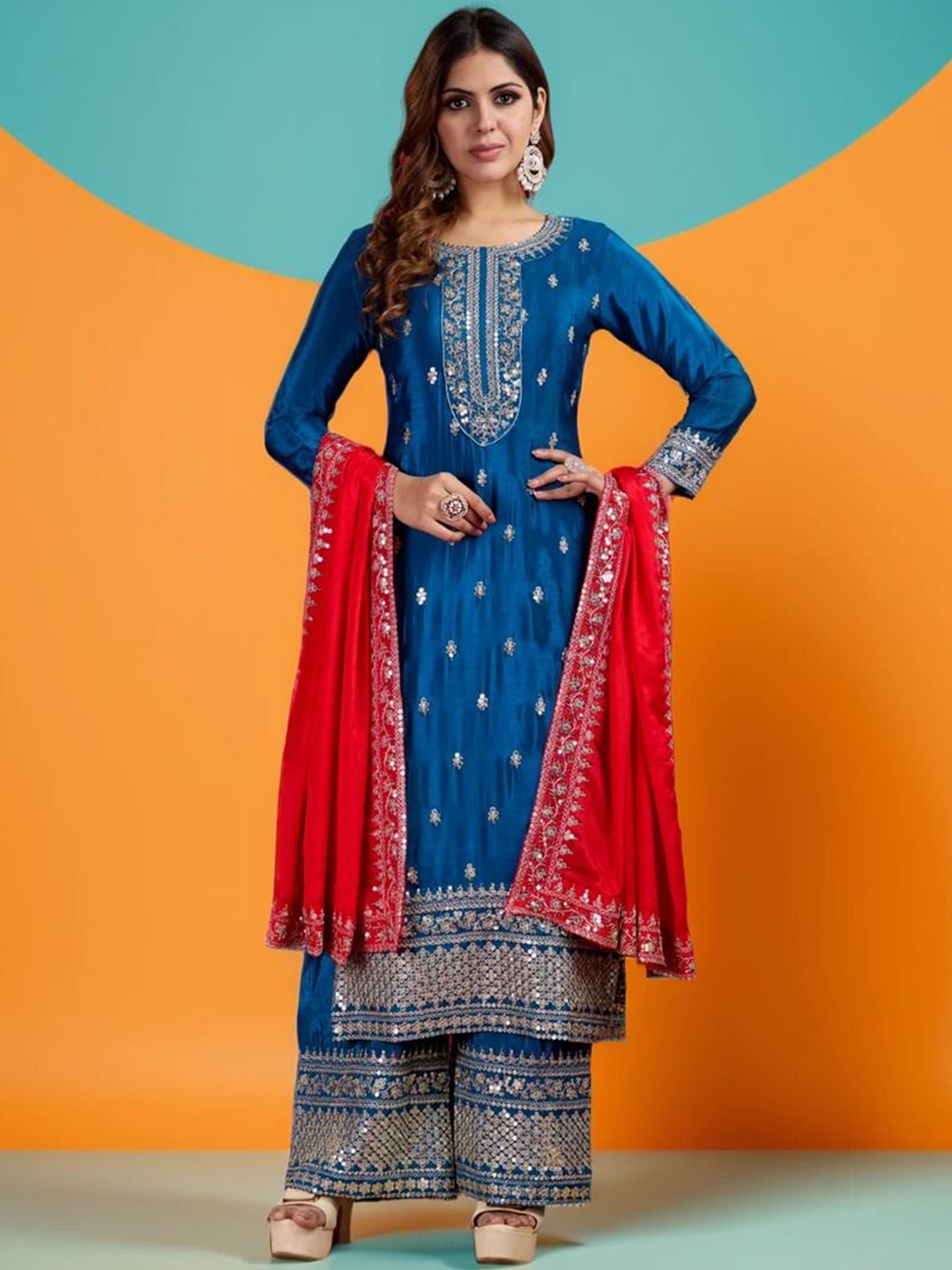 

BHARODIYA ENTERPRISES Embroidered Sequinned Chinon Straight Kurta With Palazzos & Dupatta, Blue
