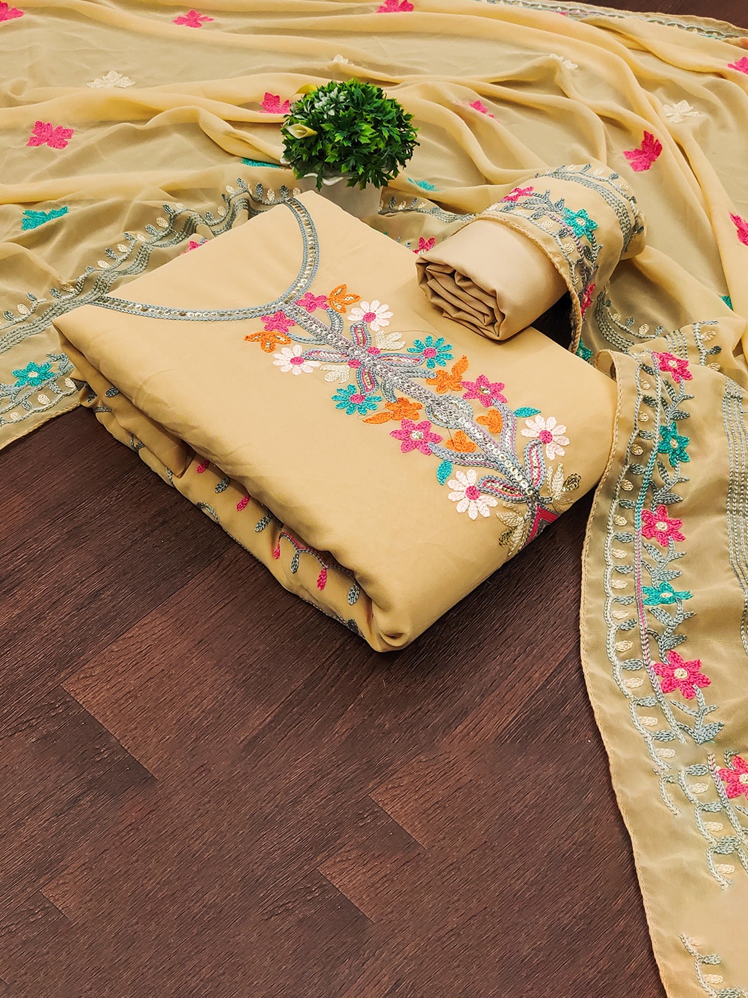 

SAINOOR Sequinned Embroidered Silk Georgette Unstitched Dress Material, Beige