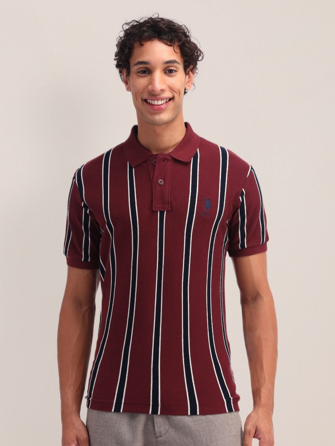 

U.S. Polo Assn. Men Striped Polo Collar Cotton Slim Fit T-shirt, Red