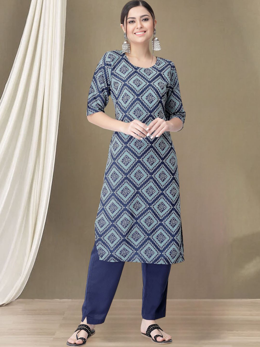 

Moda Rapido Bandhani Printed Round Neck Straight Kurta With Trouser, Navy blue