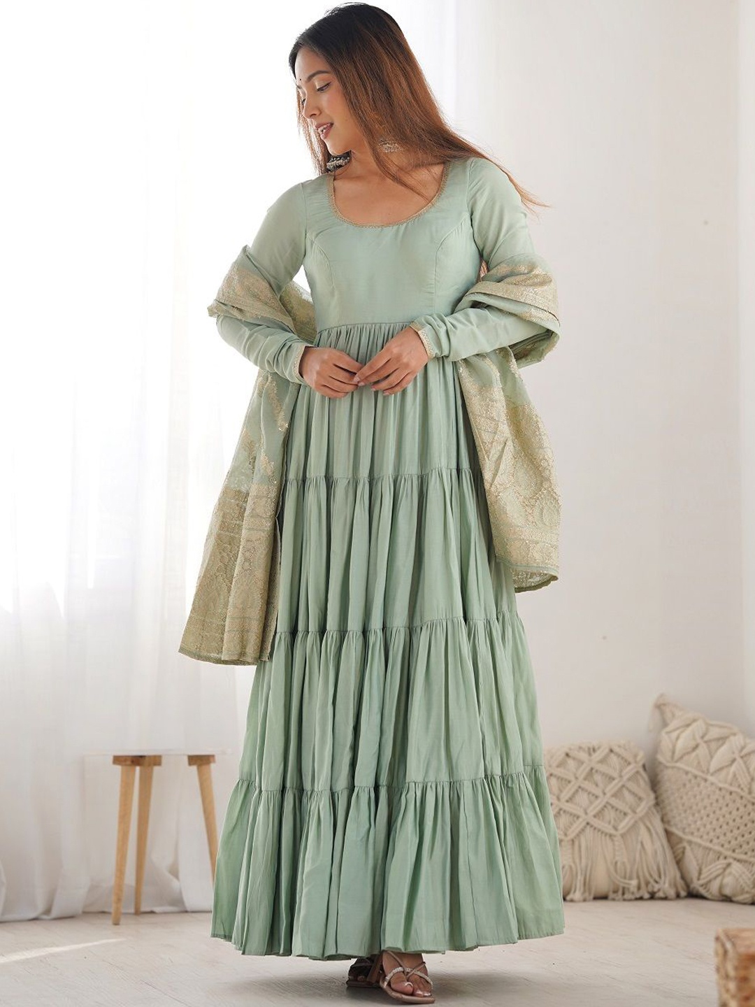 

JATRIQQ Printed Tiered Chanderi Silk Kurta With Trousers & Dupatta, Sea green