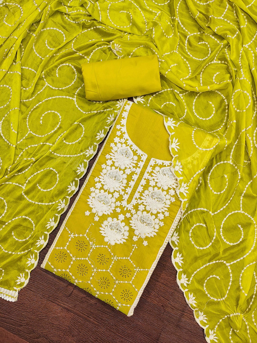 

SAINOOR Embroidered Semi-Stitched Dress Material, Lime green