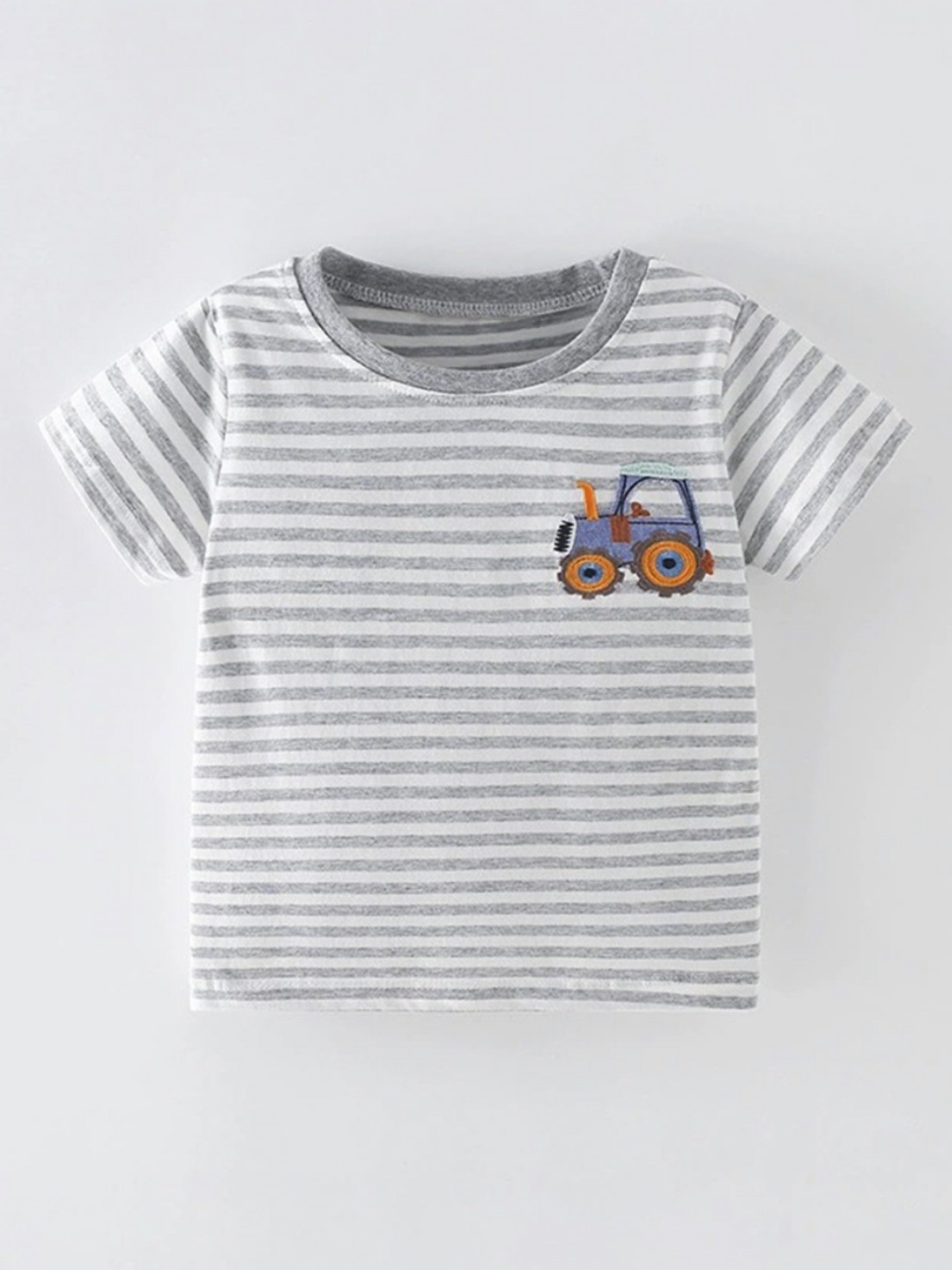 

LULU & SKY Boys Striped Round Neck Cotton T-shirt, Grey