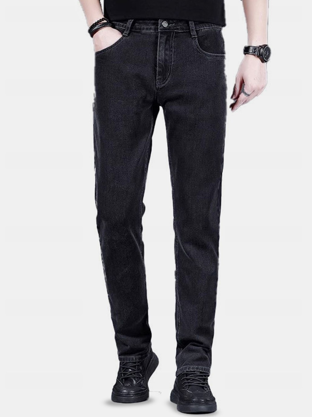 

HERE&NOW Men Regular Fit Mid Rise Clean Look Non Stretchable Jeans, Black