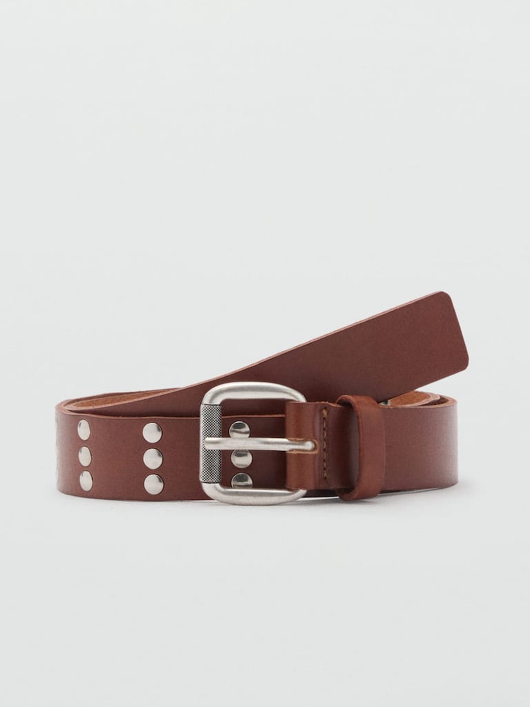 

MANGO Women Embellished Leather Wide Belt, Brown