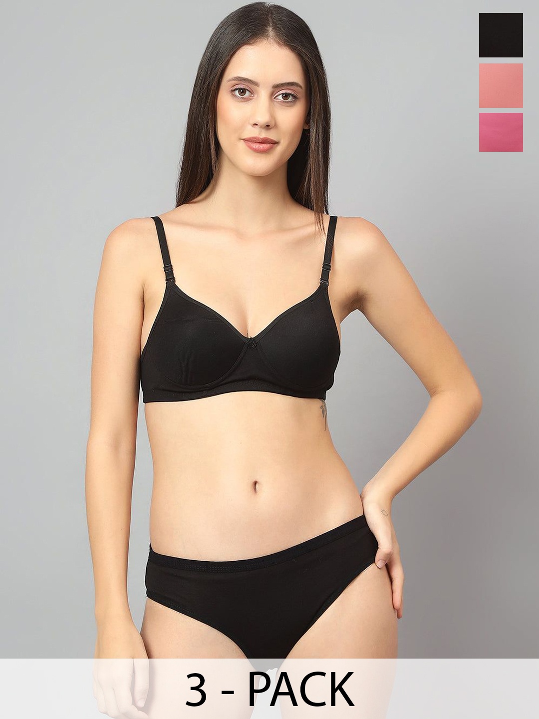 

Designer Bugs Pack Of 3 Cotton Non Padded Non Wired Lingerie Set NPLS-B-RG-BP-30B, Black