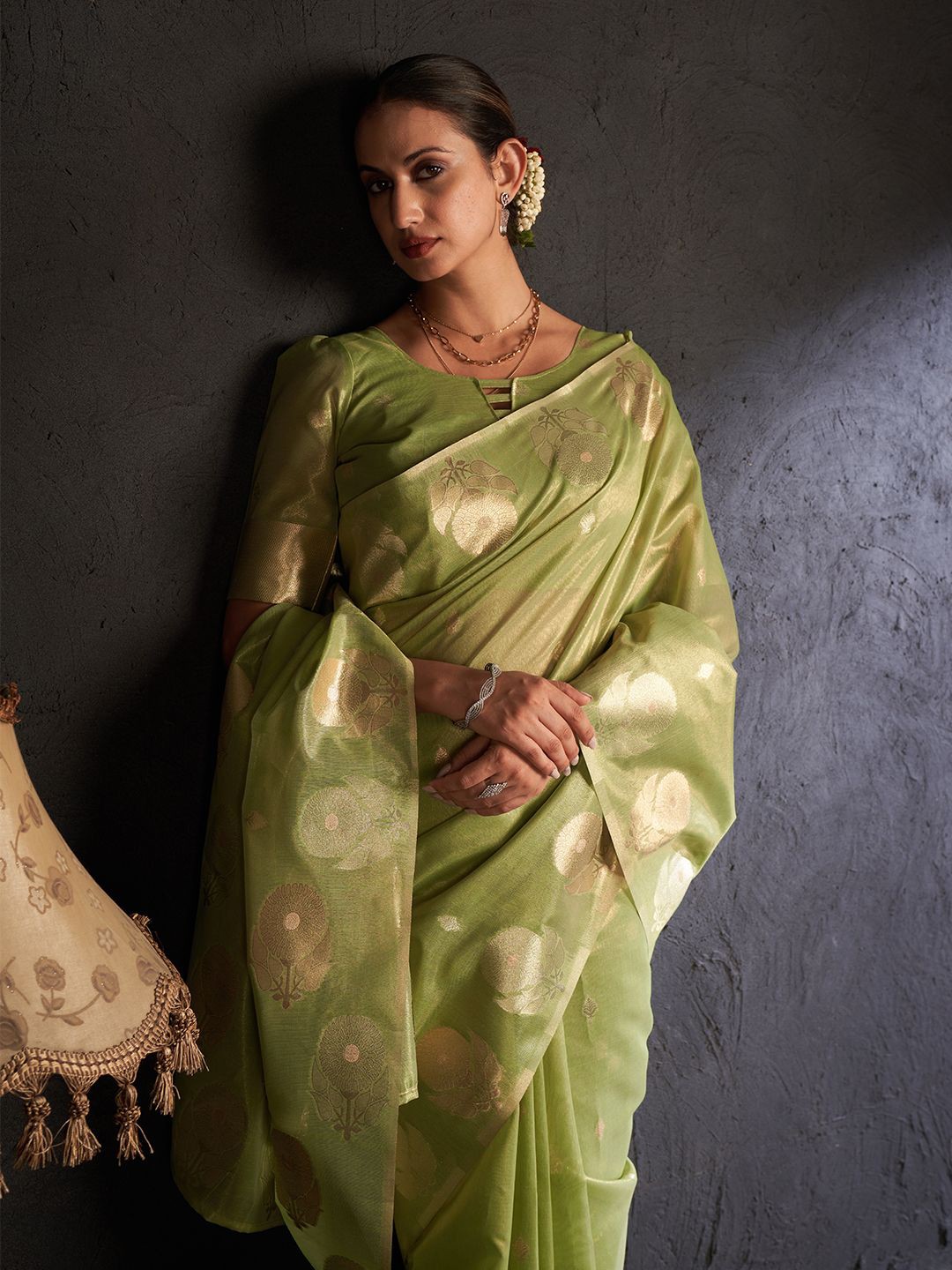 

SARHAFloral Woven Design Tissue Saree, Green