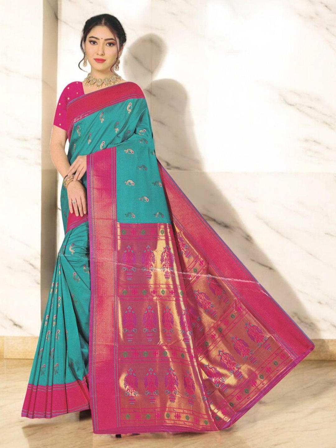 

SHOPPKEE Ethnic Motifs Zari Silk Blend Banarasi Saree, Blue