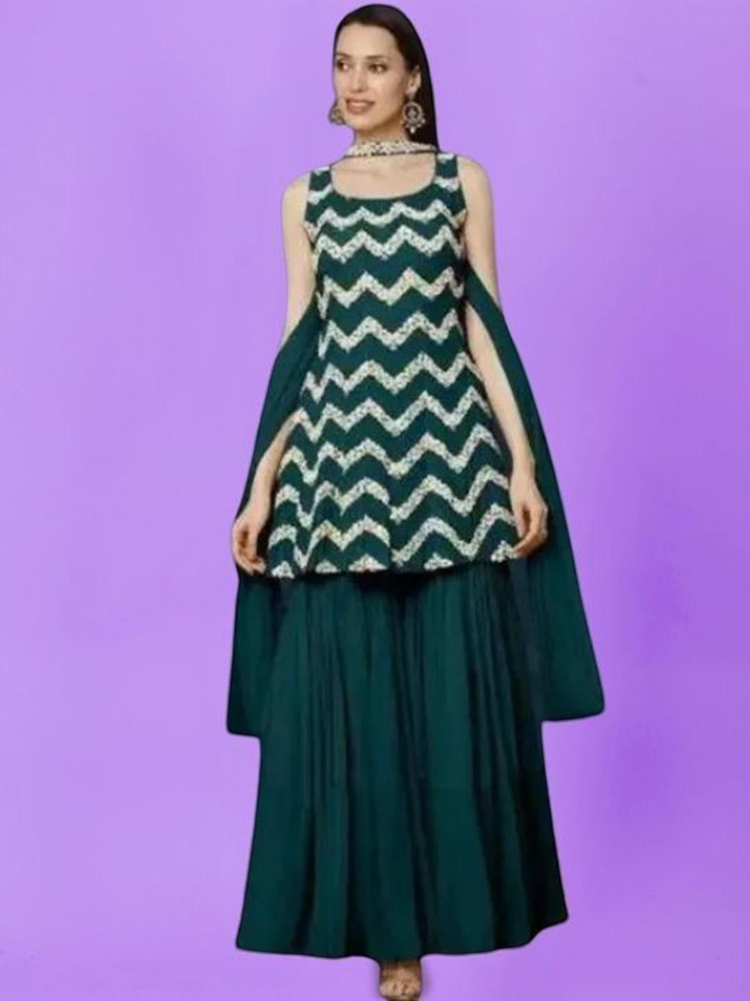 

PARROT CREATION Chevron Embroidered Sequinned Georgette Kurti With Sharara And Dupatta, Green