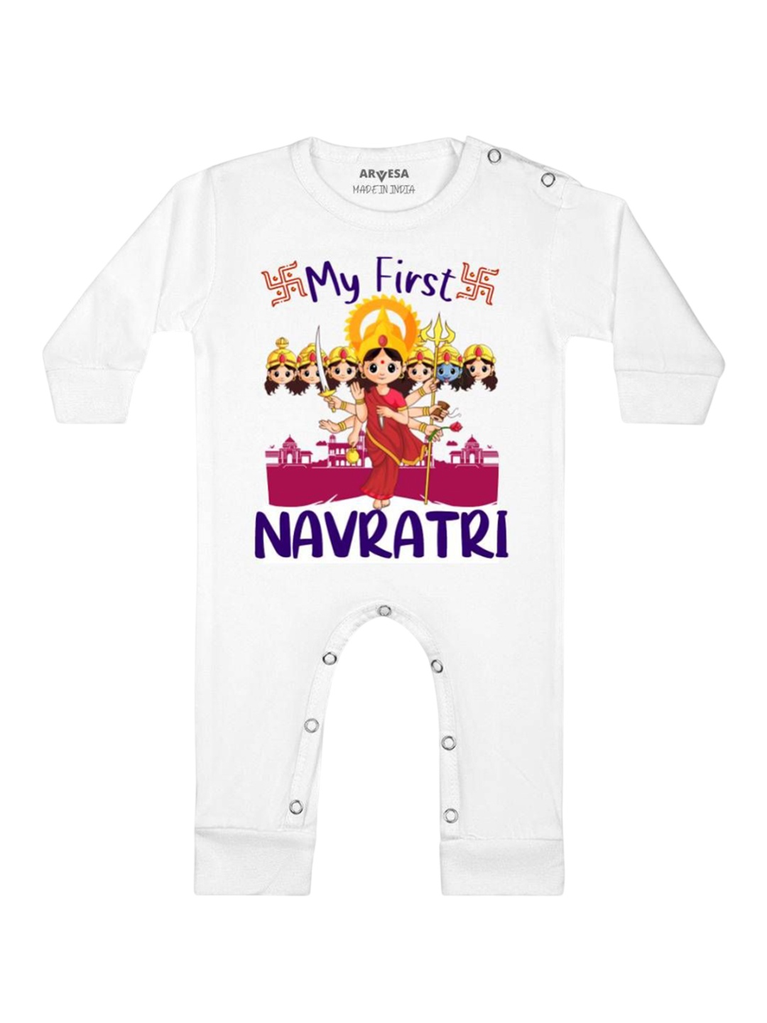 

Arvesa First Navratri Printed Baby Romper, White