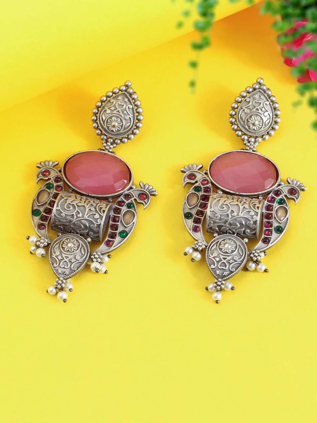 

SANAA CREATIONS Silver-Plated Artificial Stone Studded & Beaded Oxidised Drop Earrings