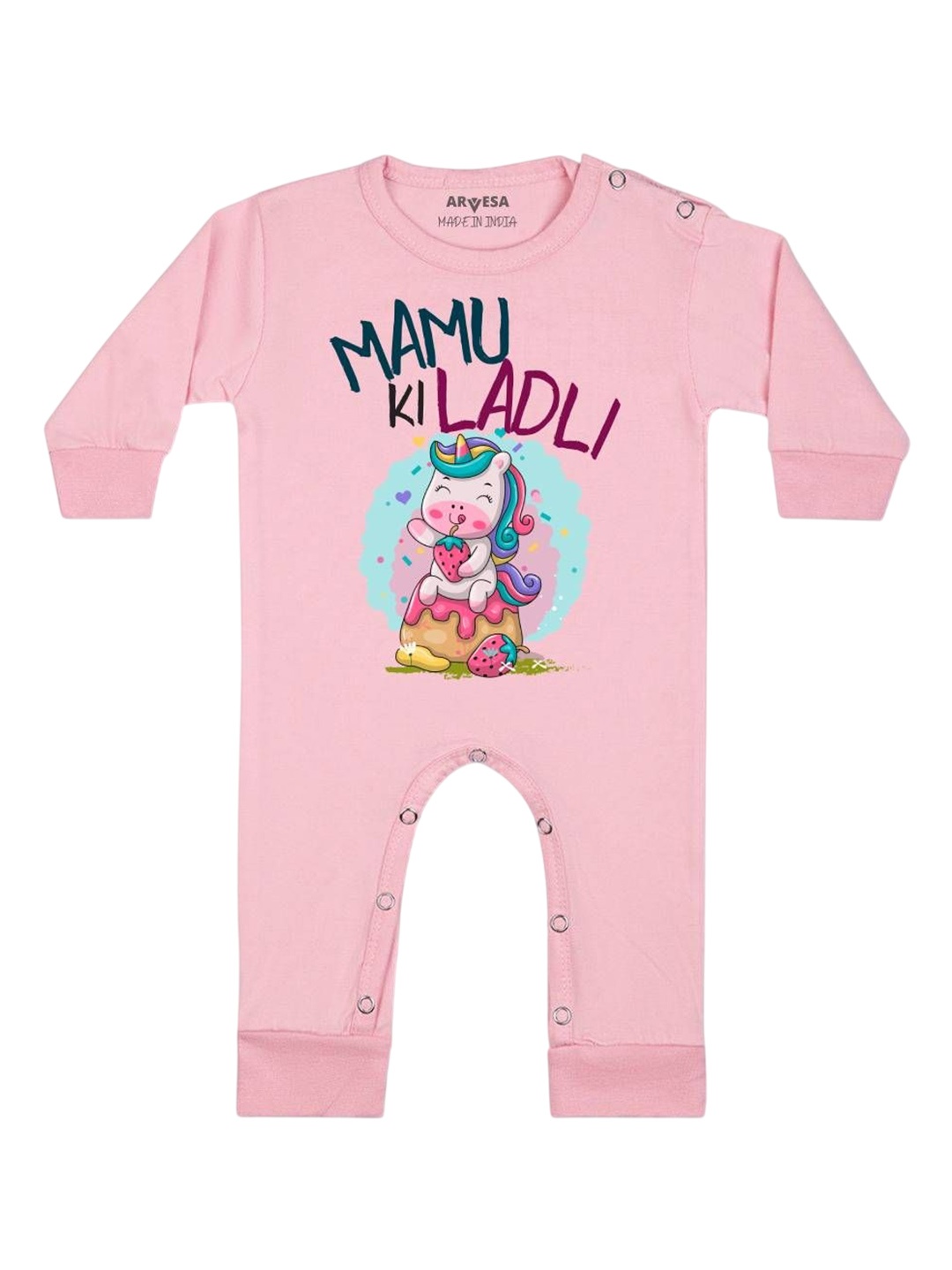 

Arvesa Kids Mamu Ki Ladli Printed Baby Romper, Pink