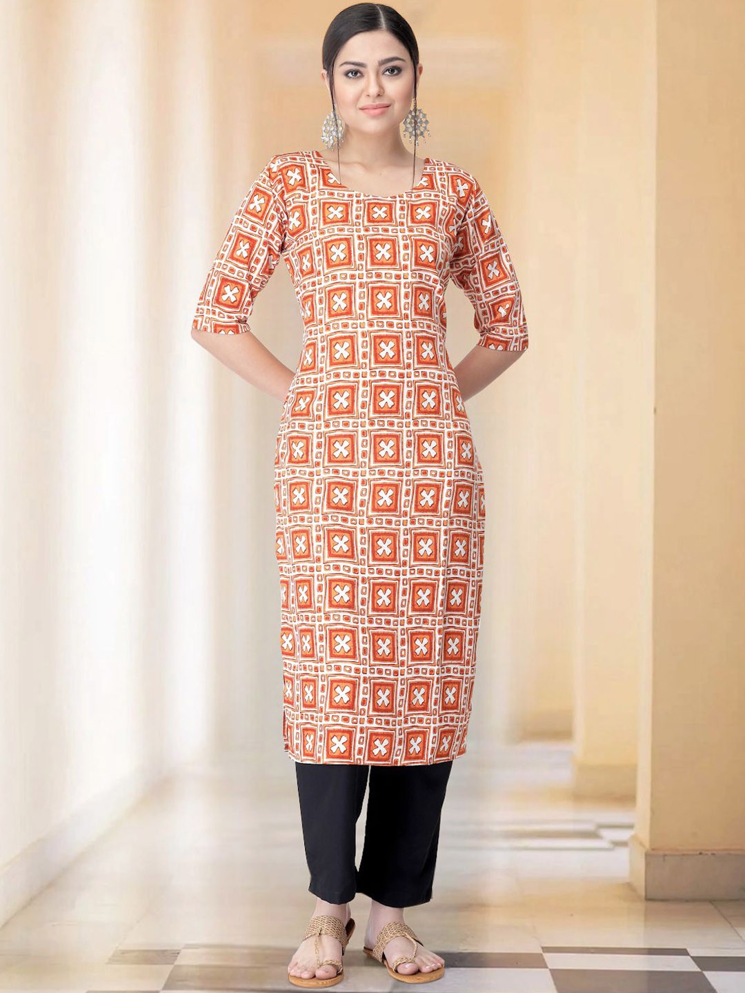 

Moda Rapido Geometric Printed Straight Kurta with Trousers, Orange