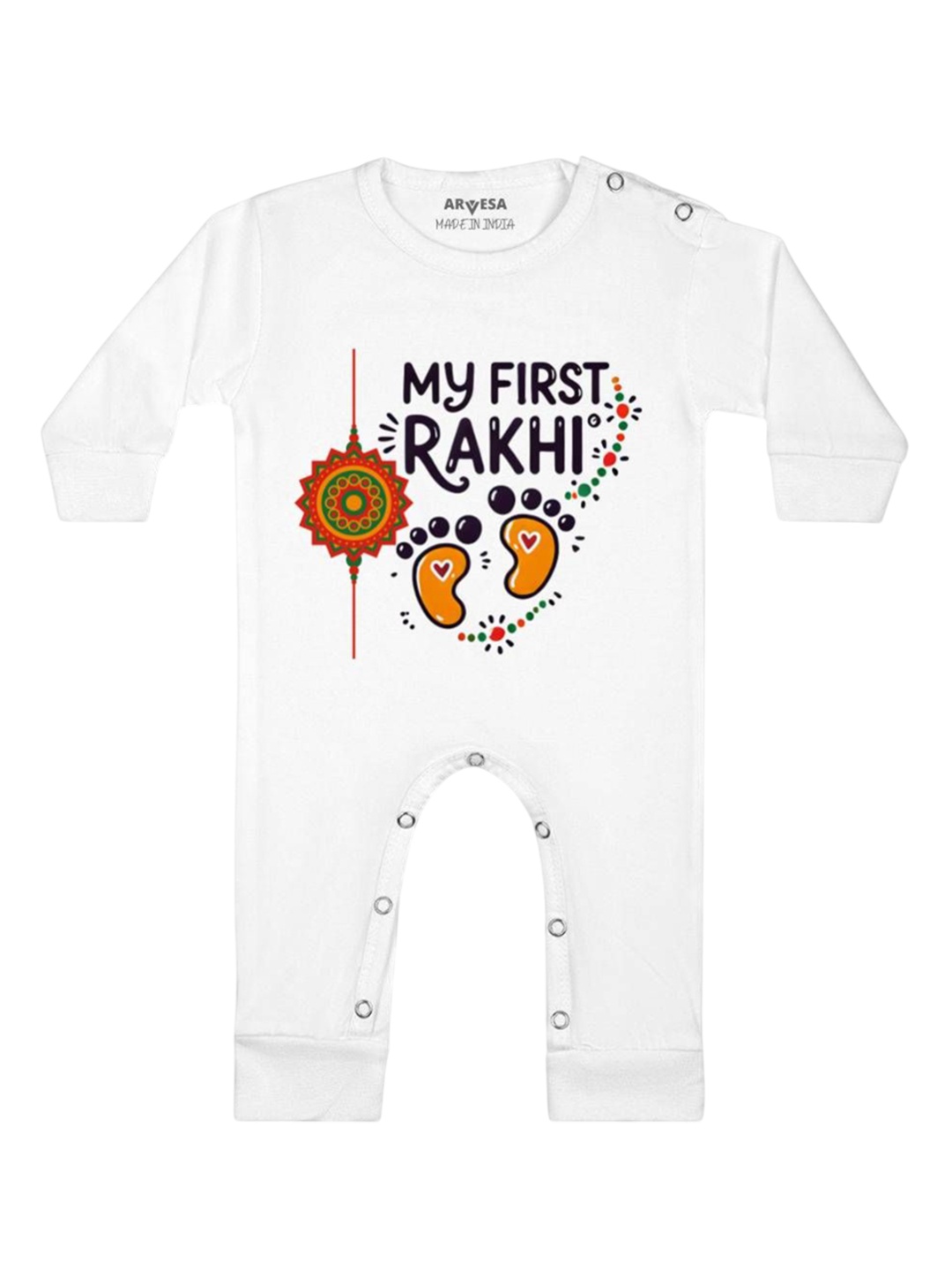 

Arvesa First Rakhi Printed Baby Romper, White