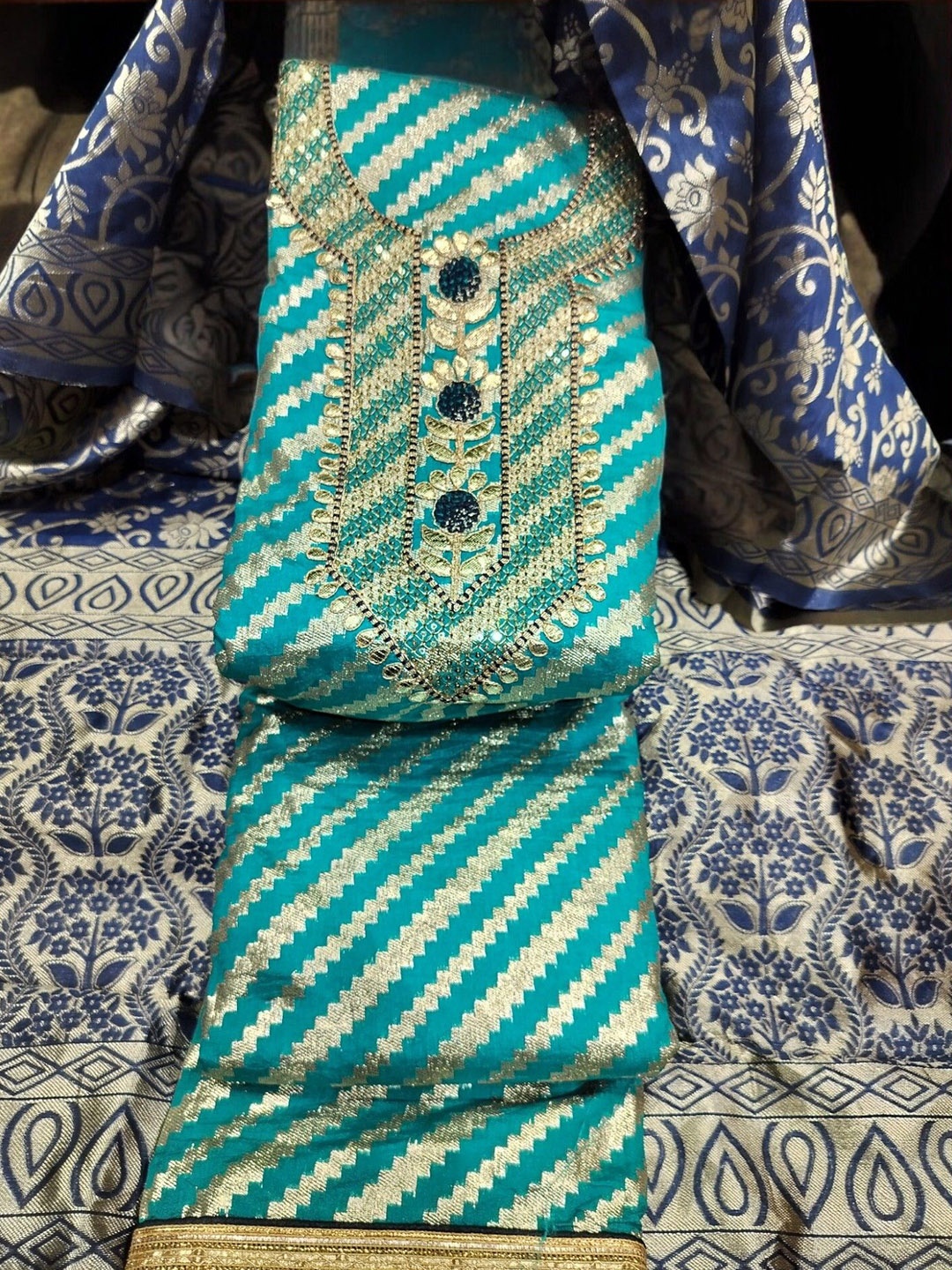 

REET MAHAL Leheriya Woven Design Art Silk Unstitched Dress Material, Blue