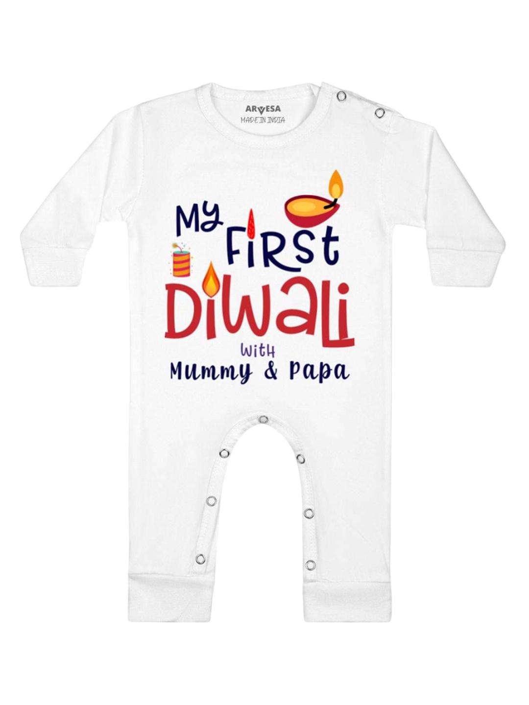 

Arvesa First Diwali Printed Baby Romper, White