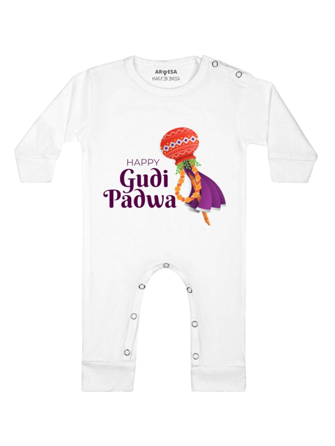 

Arvesa Happy Gudi Padwa Printed Baby Romper, White