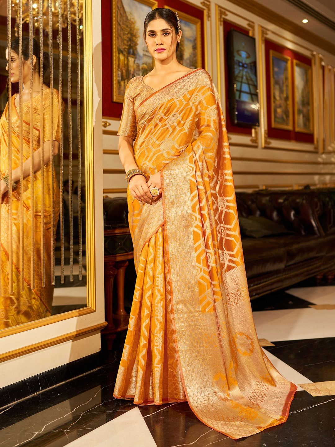 

Mitera Ethnic Motifs Zari Organza Banarasi Saree, Yellow