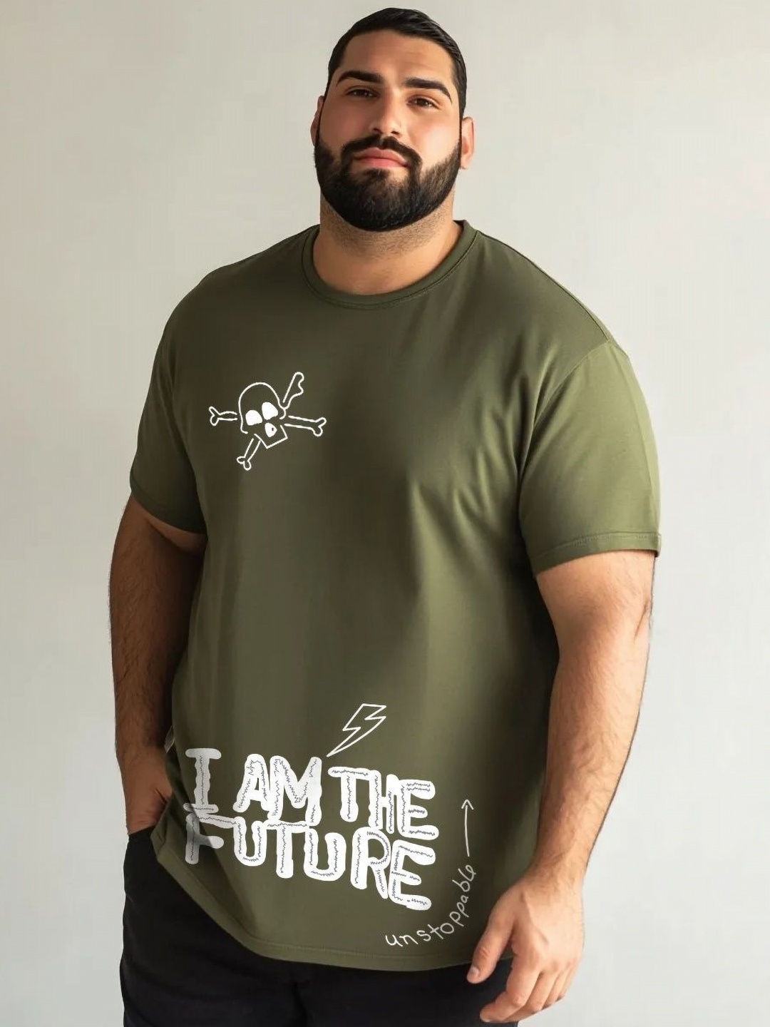 

Toodle Plus Unisex Plus Size Graphic Printed Round Neck Pure Cotton T-Shirt, Olive