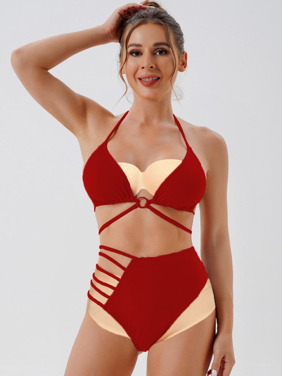 

KRENOZ Halter Neck Swim Bikini Set, Red