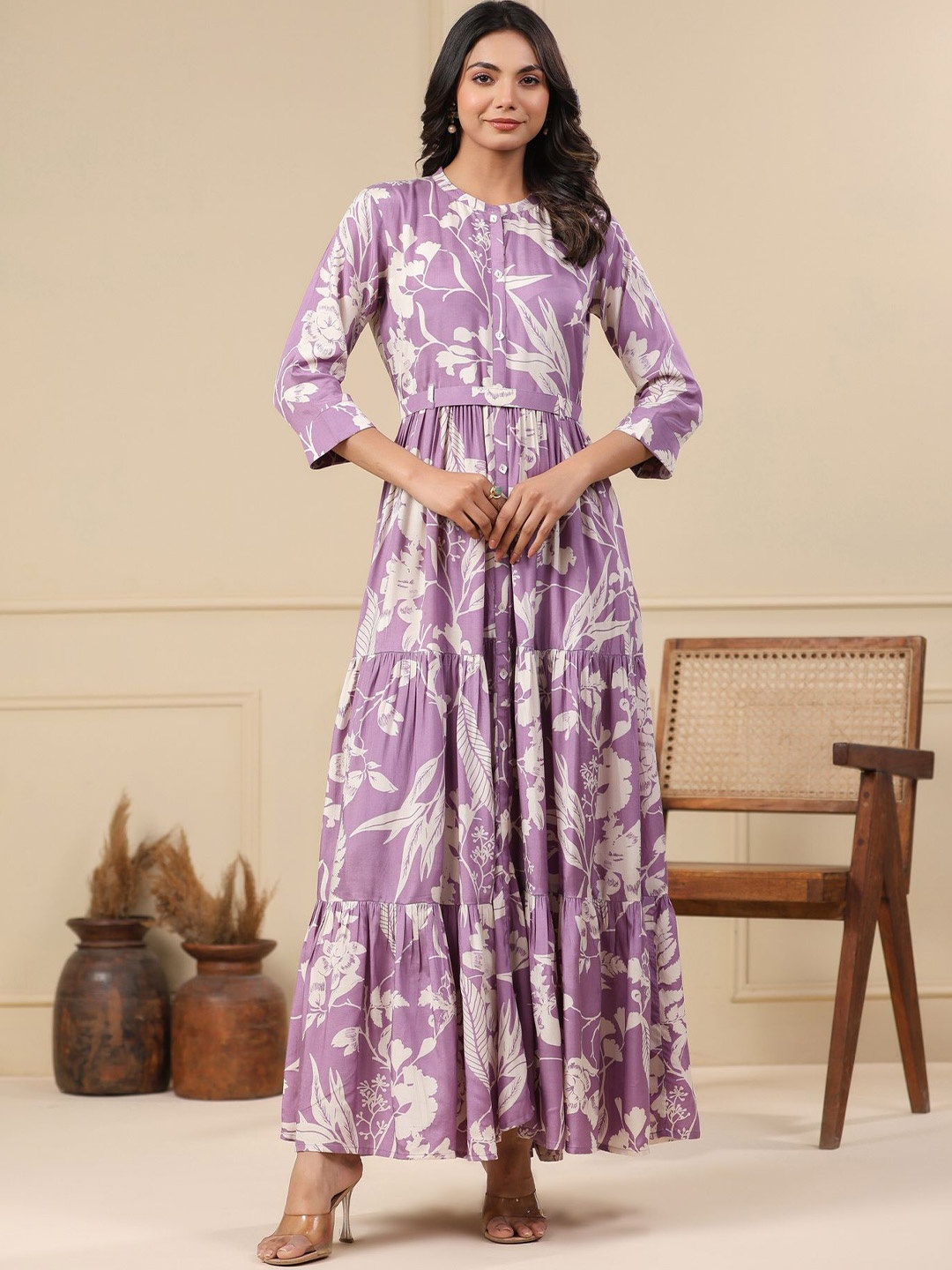 

JISORA Women Floral Printed Russian Silk Dress, Purple