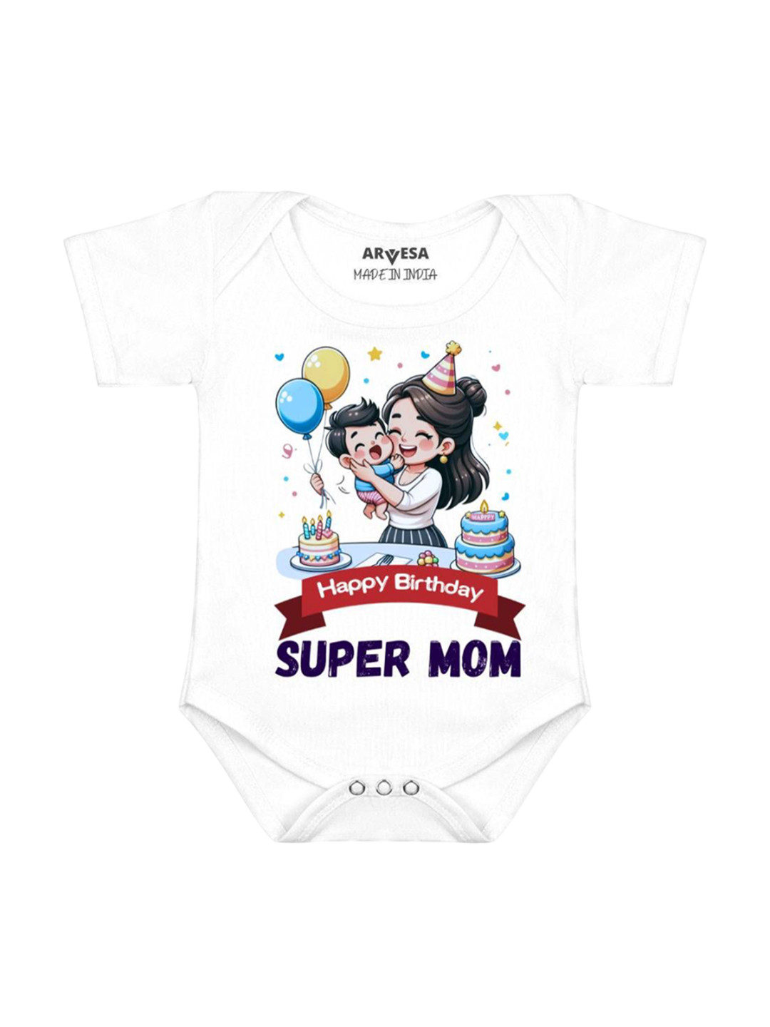 

Arvesa Happy Birthday Super Mom Printed Romper, White