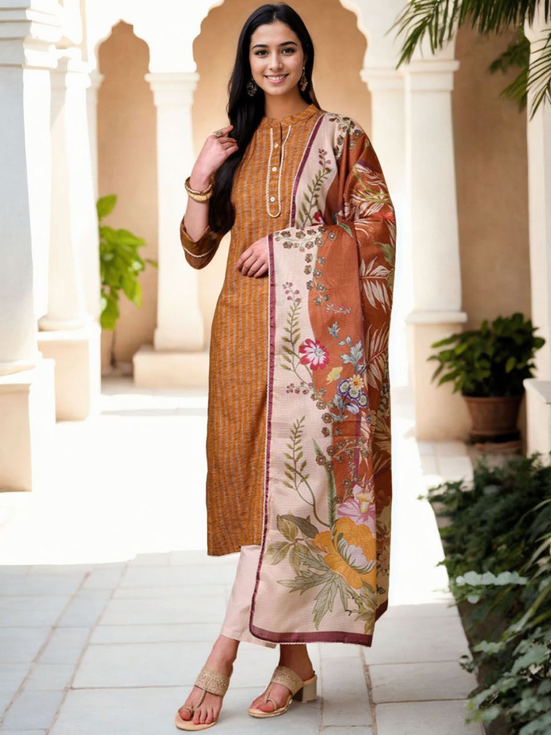 

Anouk Striped Woven Design Mandarin Collar Pure Cotton Kurta with Trouser And Dupatta, Mustard