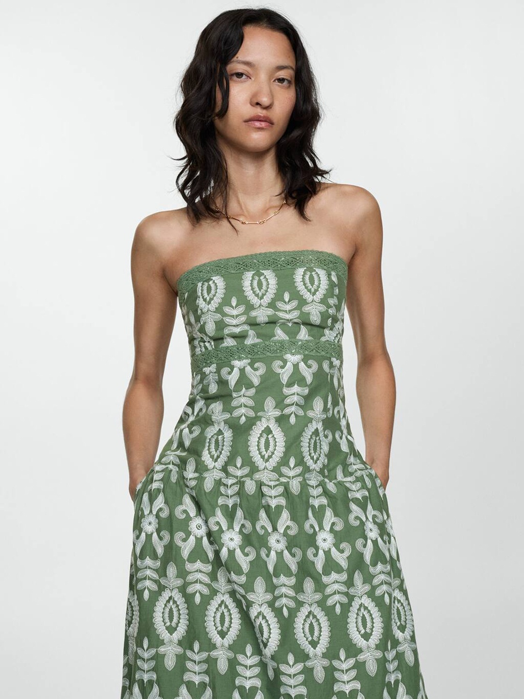 

MANGO Embroidered Sheath Midi Dress, Green