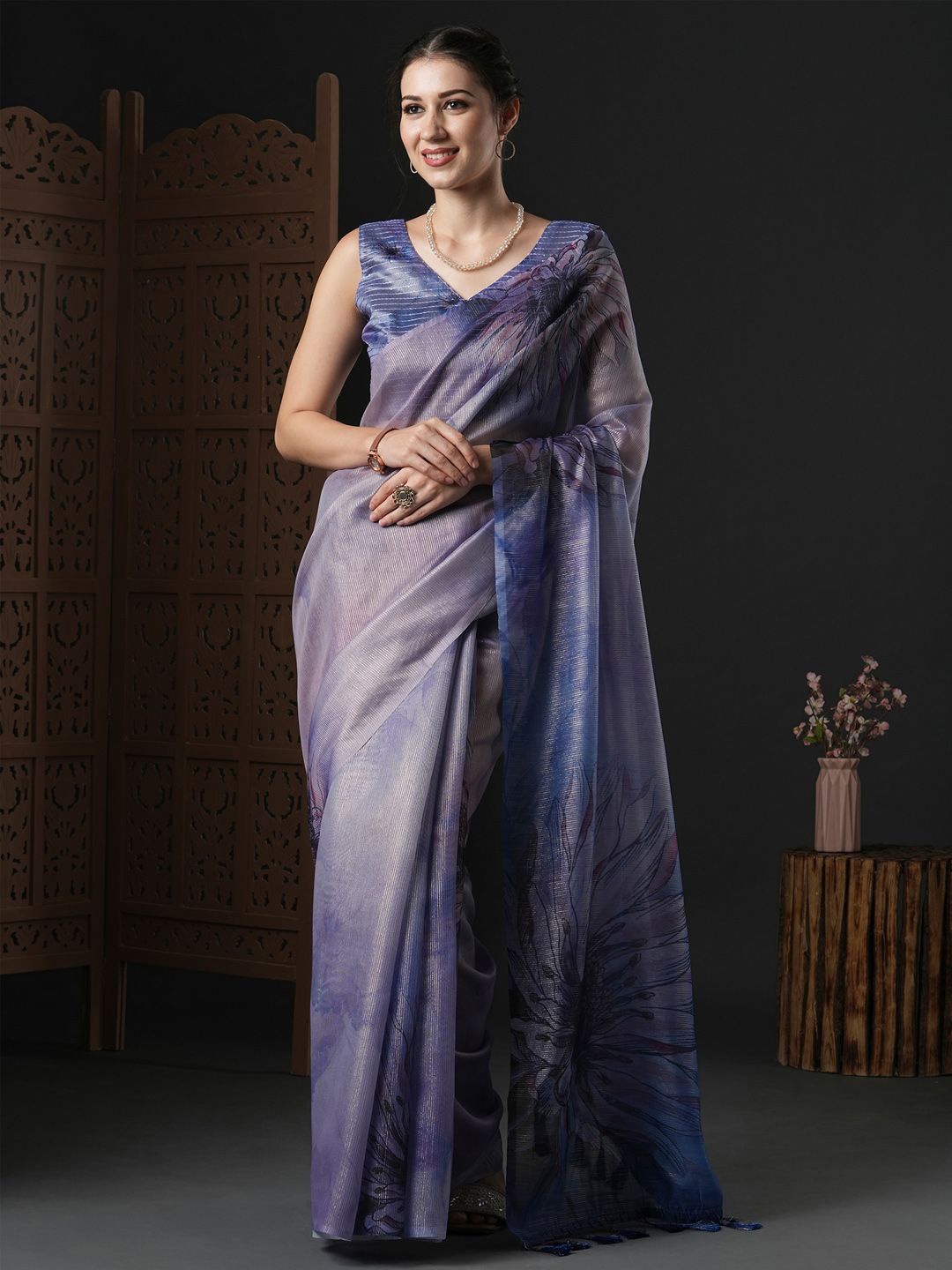 

Mitera Floral Organza Saree, Violet