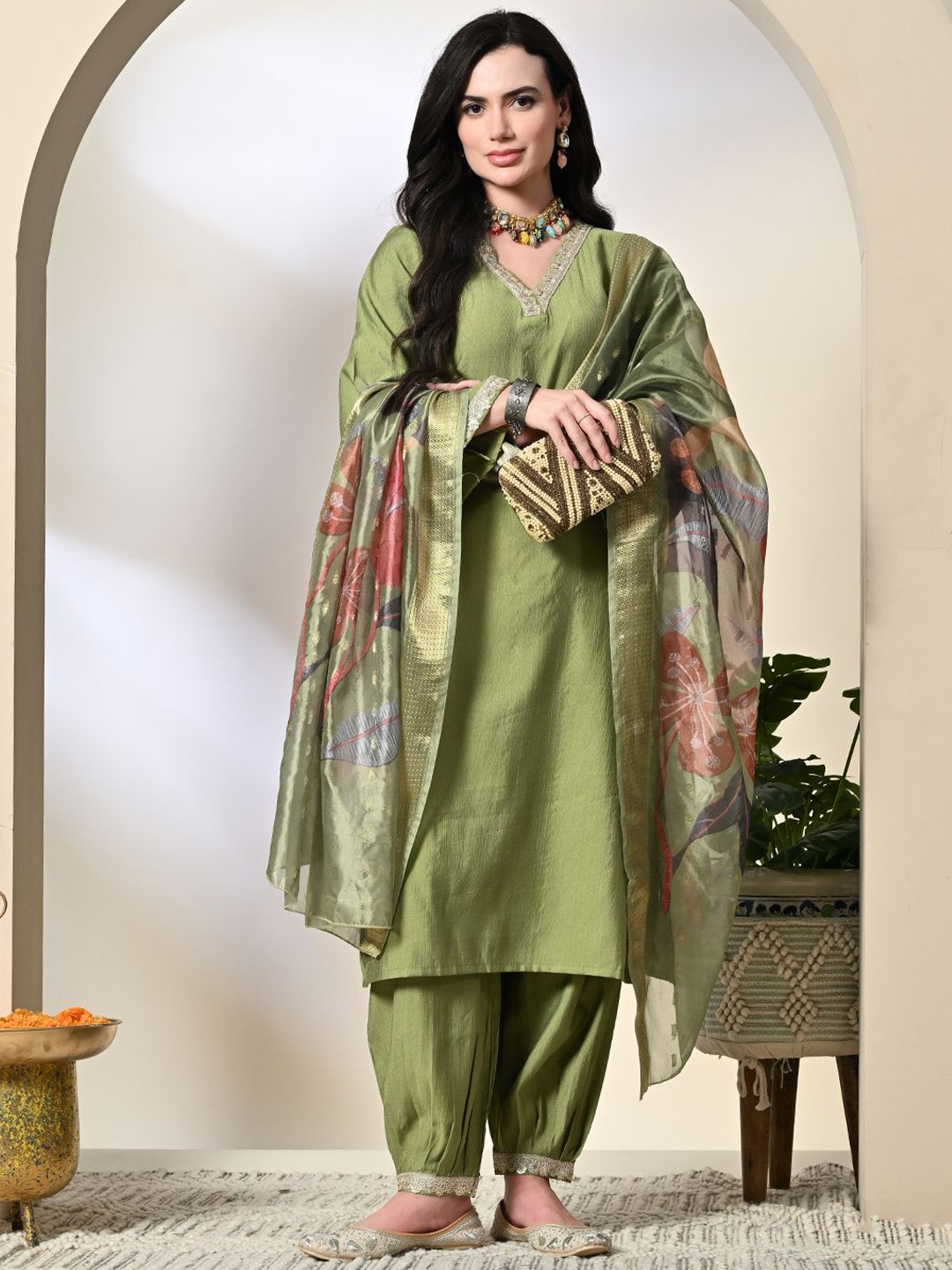 

KALINI V-Neck Zari Straight Kurta with Salwar & Dupatta, Green