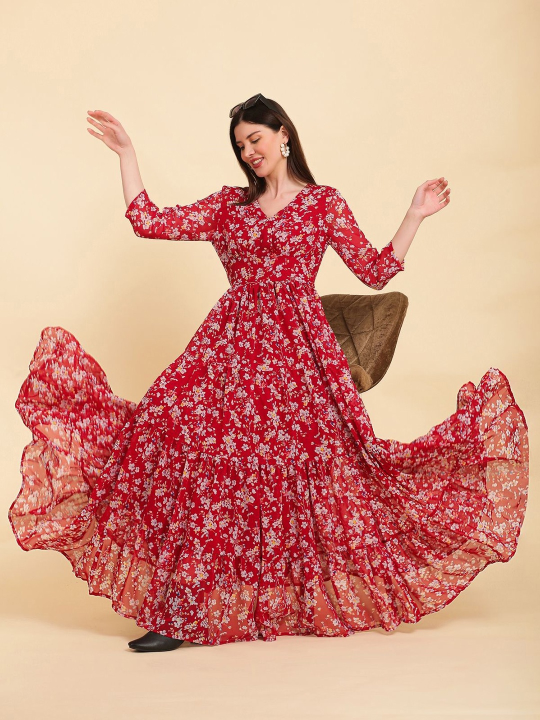 

NOUN Floral Print Bishop Sleeve Georgette Fit & Flare Maxi Dress, Red