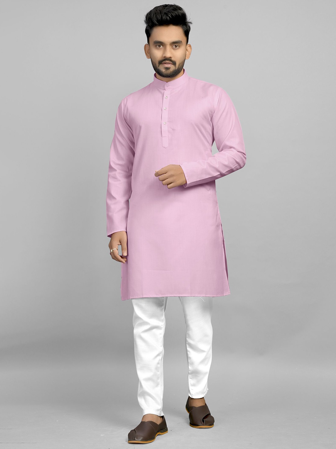 

Fashion FRICKS Band Collar Cotton Straight Kurta, Pink